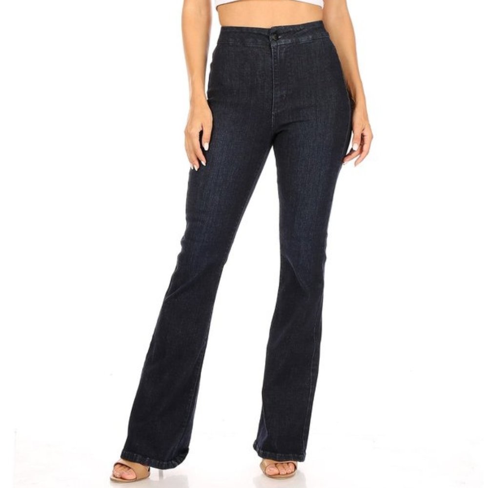 High Waist Dark Blue Flare Bell Bottom Leg